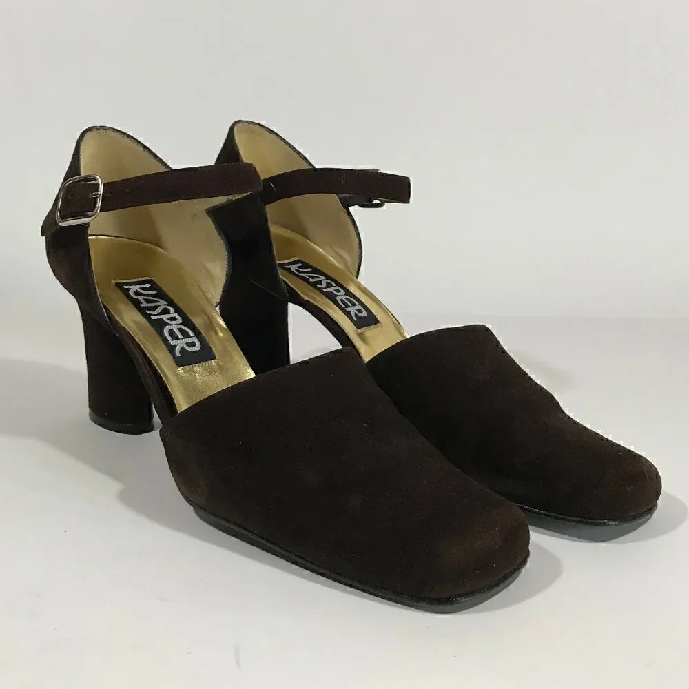 Vintage Kasper Brown Suede Oval Heel wAnkle Strap